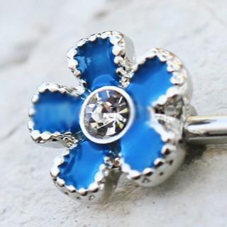 316L Stainless Steel Jeweled Teal Blue Flower Nipple Bar