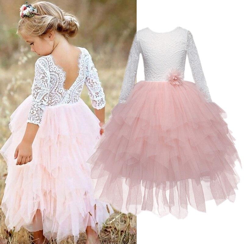 Lace Girls Long Dress Kids Pageant Clothes Children Tutu Layered Dress