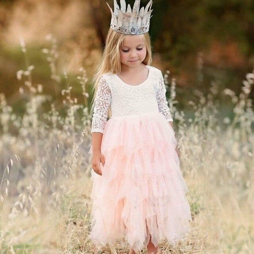 Lace Girls Long Dress Kids Pageant Clothes Children Tutu Layered Dress