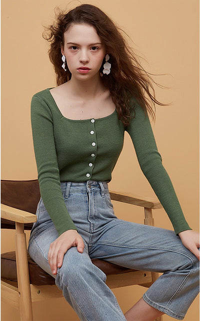 Square Collar Women Green Blouse Shirt Female Elegant  Spring Autumn