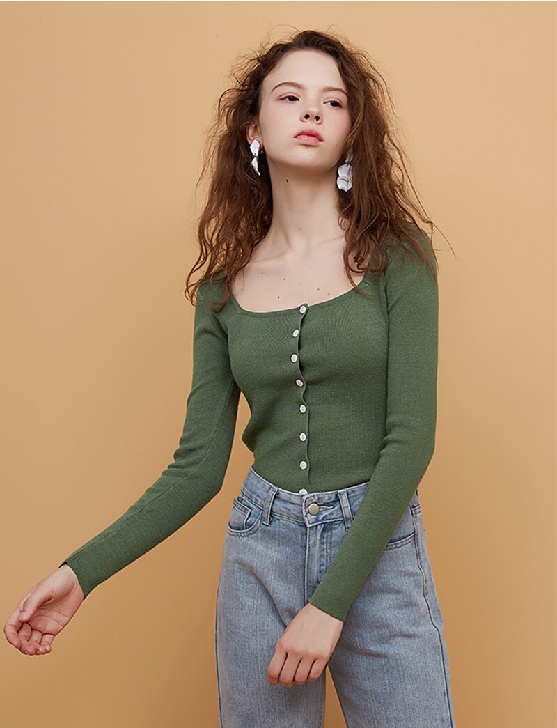 Square Collar Women Green Blouse Shirt Female Elegant  Spring Autumn