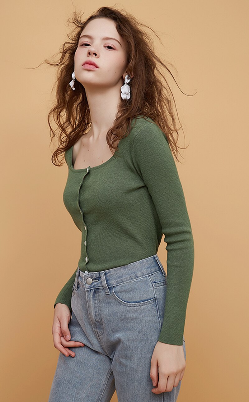 Square Collar Women Green Blouse Shirt Female Elegant  Spring Autumn