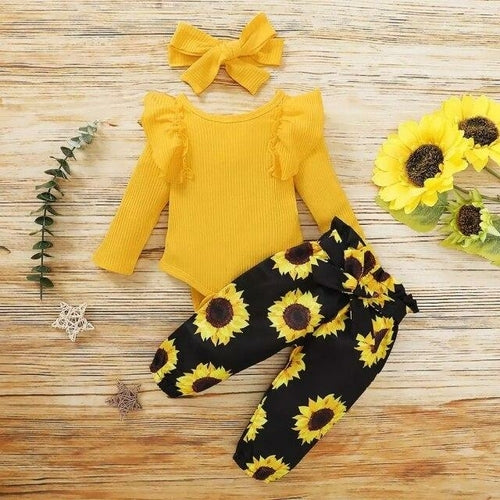 3Pcs Baby Girl Outfit Set Newborn Toddler Girls Clothes Ruffle Flower