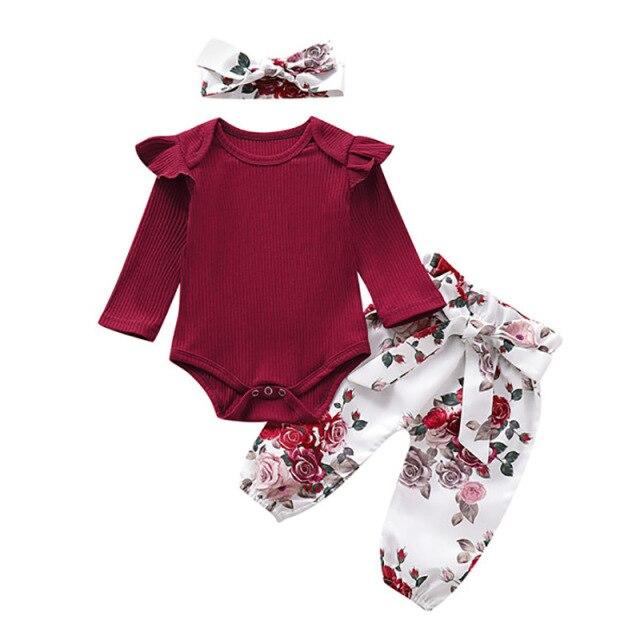 3Pcs Baby Girl Outfit Set Newborn Toddler Girls Clothes Ruffle Flower