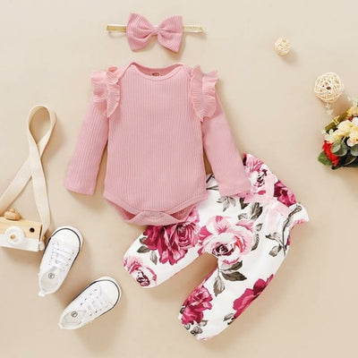 3Pcs Baby Girl Outfit Set Newborn Toddler Girls Clothes Ruffle Flower