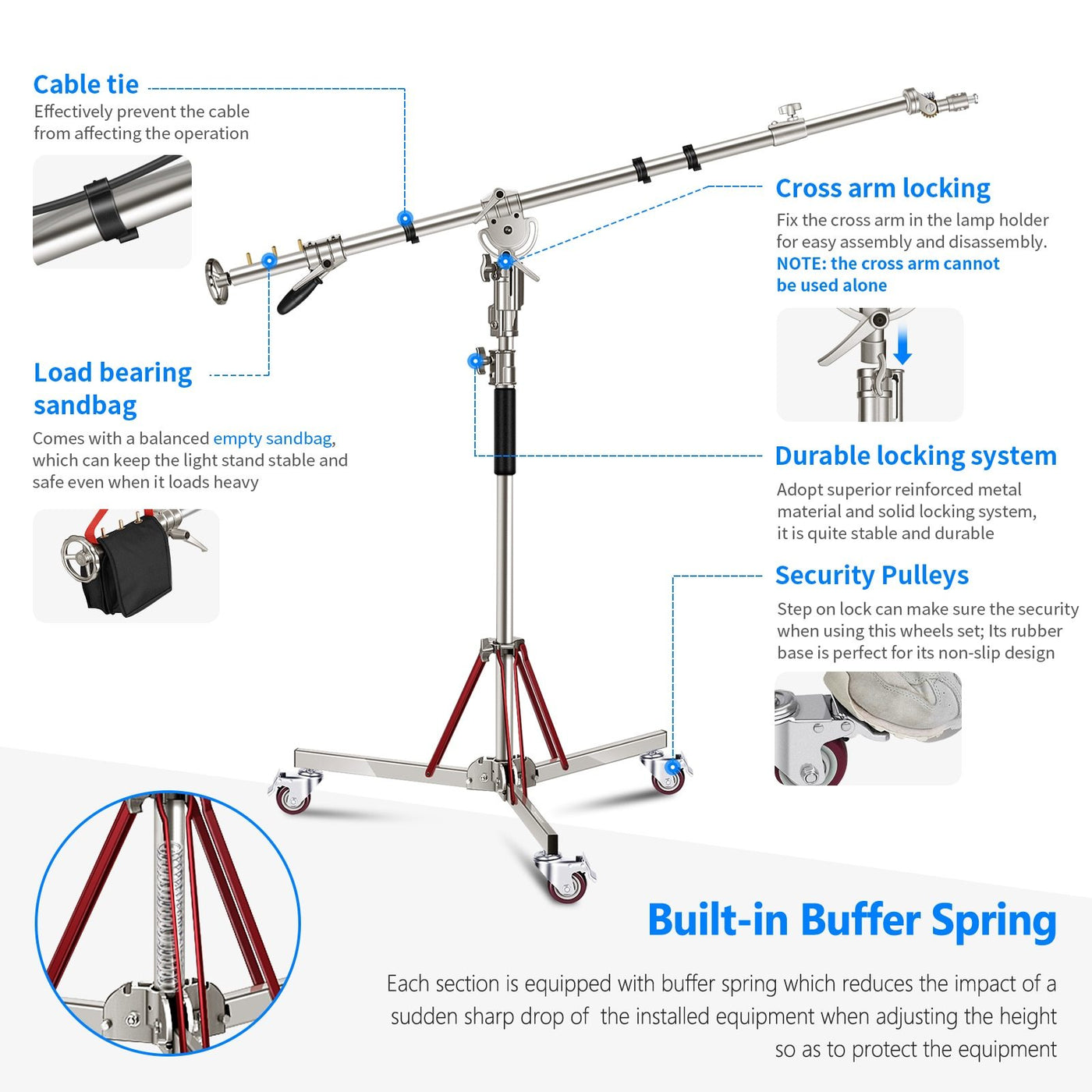 Heavy Duty Light Stand with Casters and Pro Boom Arm,  Stainless Steel