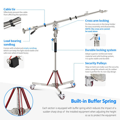 Heavy Duty Light Stand with Casters and Pro Boom Arm,  Stainless Steel