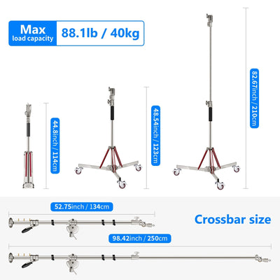 Heavy Duty Light Stand with Casters and Pro Boom Arm,  Stainless Steel