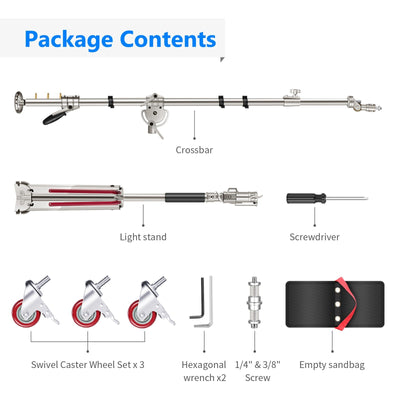 Heavy Duty Light Stand with Casters and Pro Boom Arm,  Stainless Steel