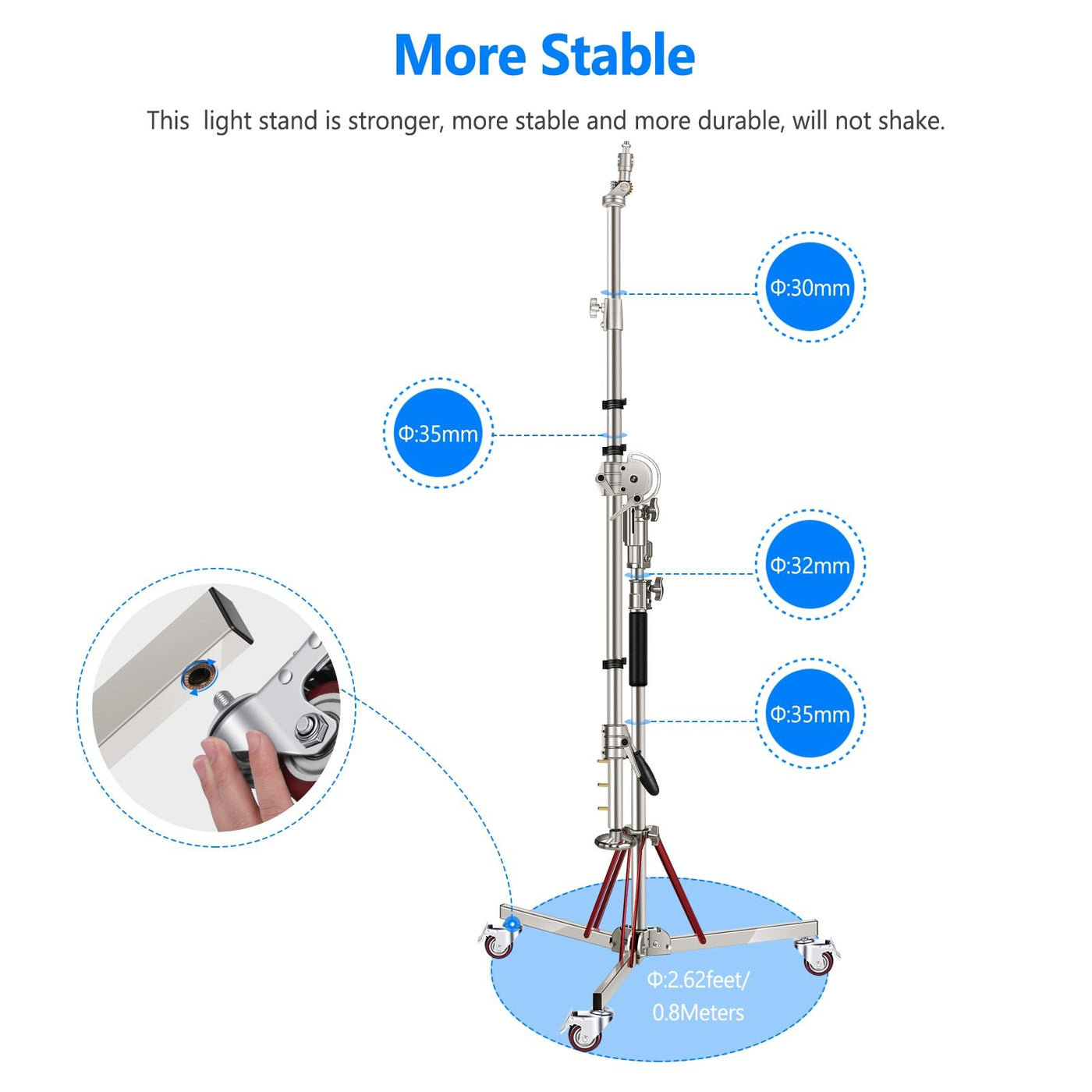 Heavy Duty Light Stand with Casters and Pro Boom Arm,  Stainless Steel