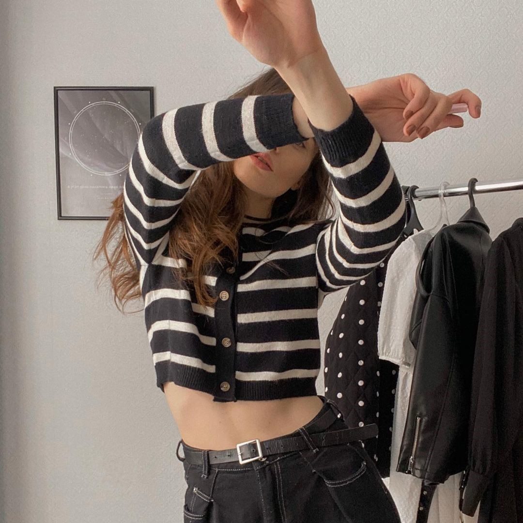 Spring Black&White Striped Knit Cropped Cardigan Long Sleeve Casual