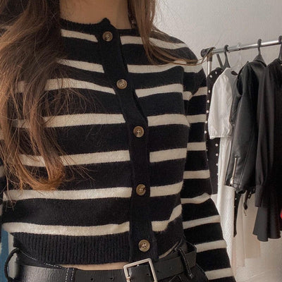 Spring Black&White Striped Knit Cropped Cardigan Long Sleeve Casual