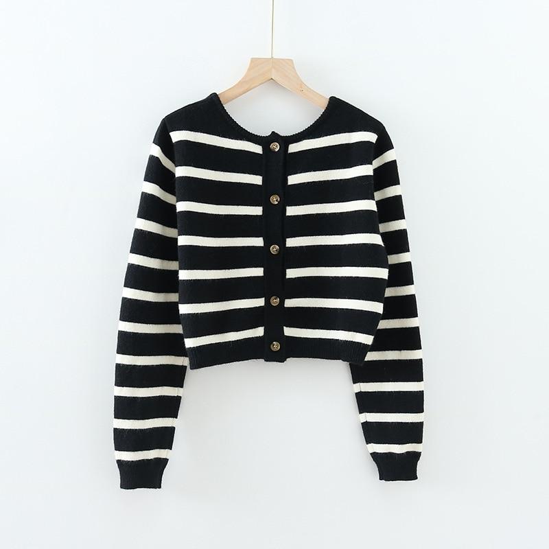 Spring Black&White Striped Knit Cropped Cardigan Long Sleeve Casual