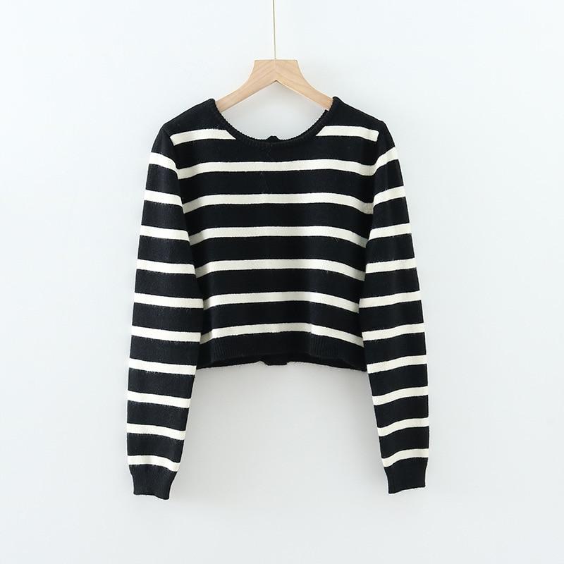 Spring Black&White Striped Knit Cropped Cardigan Long Sleeve Casual