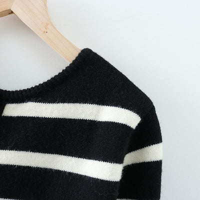 Spring Black&White Striped Knit Cropped Cardigan Long Sleeve Casual