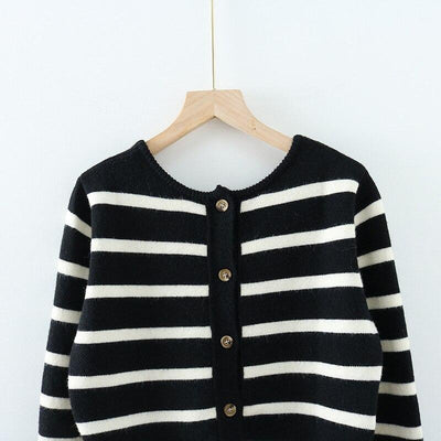 Spring Black&White Striped Knit Cropped Cardigan Long Sleeve Casual