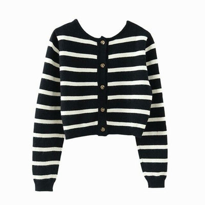 Spring Black&White Striped Knit Cropped Cardigan Long Sleeve Casual