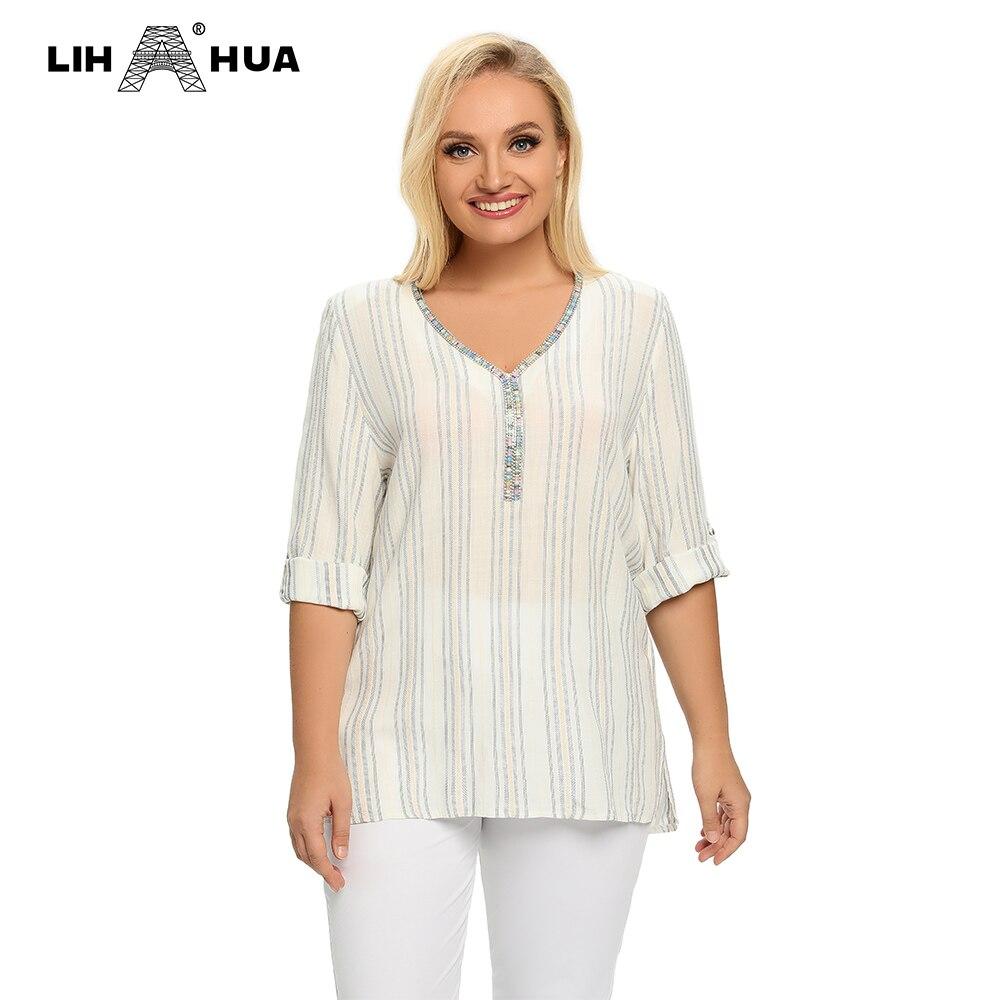 Women's Plus Size Spring And Summer Striped Cotton Top With Sequined