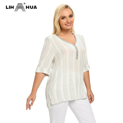 Women's Plus Size Spring And Summer Striped Cotton Top With Sequined