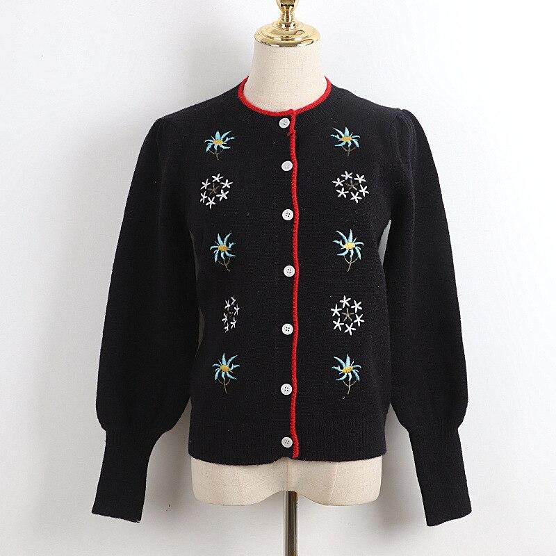 Spring Autumn Classic Black Casual Knitting Cardigan Floral