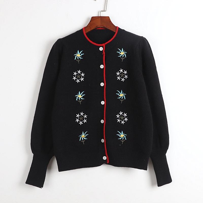 Spring Autumn Classic Black Casual Knitting Cardigan Floral