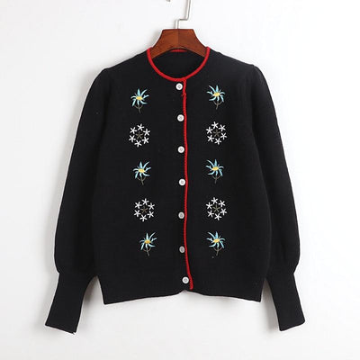 Spring Autumn Classic Black Casual Knitting Cardigan Floral