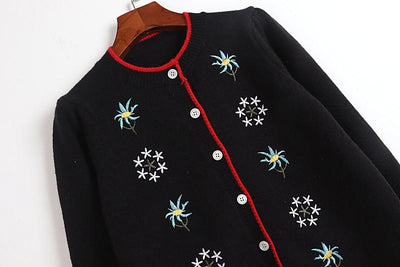 Spring Autumn Classic Black Casual Knitting Cardigan Floral