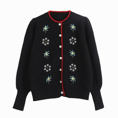 Spring Autumn Classic Black Casual Knitting Cardigan Floral