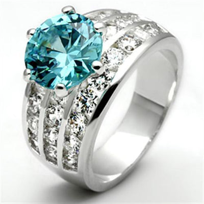 SS010 - Silver 925 Sterling Silver Ring with AAA Grade CZ  in Sea Blue