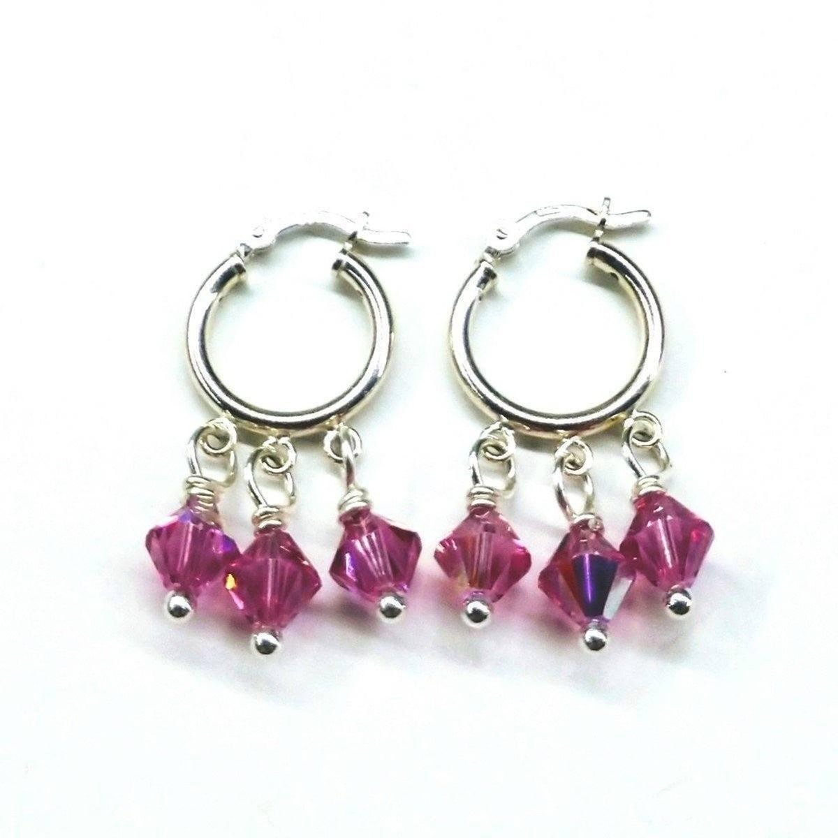 Sterling Silver Hoop Pink Crystal Dangle Earrings