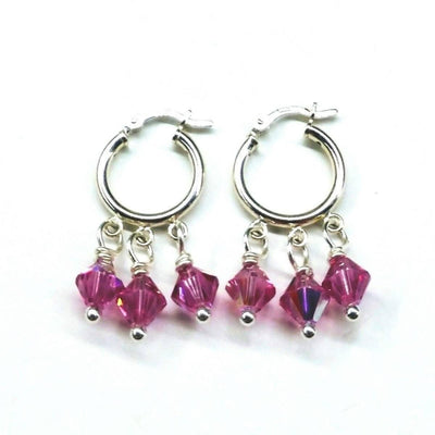 Sterling Silver Hoop Pink Crystal Dangle Earrings