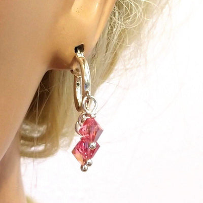 Sterling Silver Hoop Pink Crystal Dangle Earrings