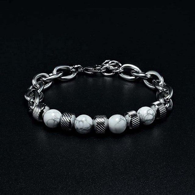 New Men's Adjustable Natural Stone Bead Stainless Steel Bracelet