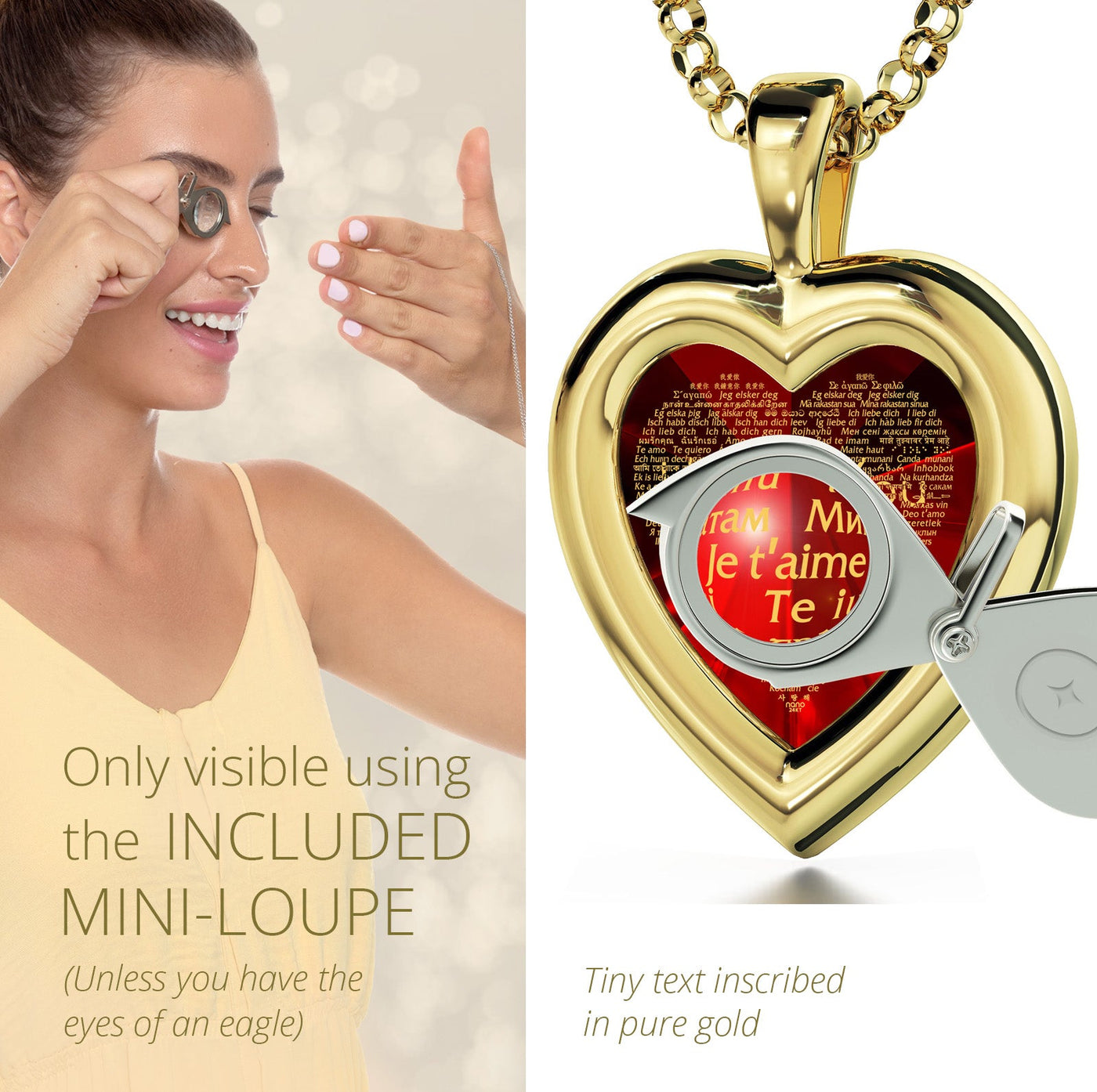 Gold Plated Silver Heart Jewelry Set I Love You Necklace in 120 Languages and Crystal Earrings