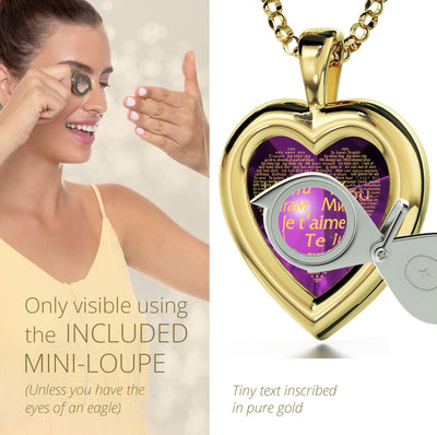 Gold Plated Silver Heart Jewelry Set I Love You Necklace in 120 Languages and Crystal Earrings