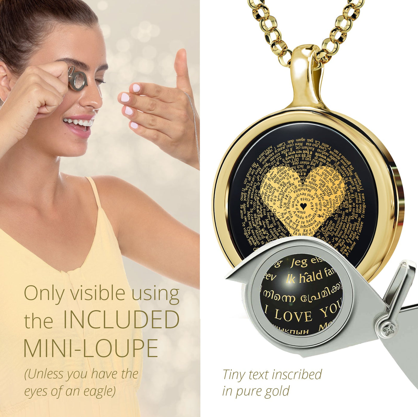 I Love You Necklace Inscribed in 120 Languages with 24k Gold on Onyx and Crystal Heart Earrings Jewelry Set